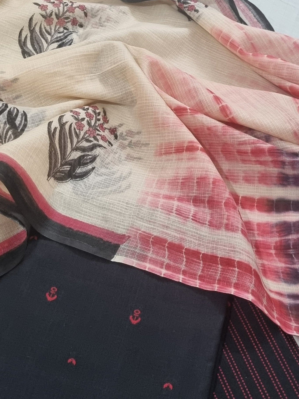 Handloom Cotton 3-Piece Unstitched Suit | Kota Doria Dupatta | Black & Red | Indian Handloom | SKU 1070