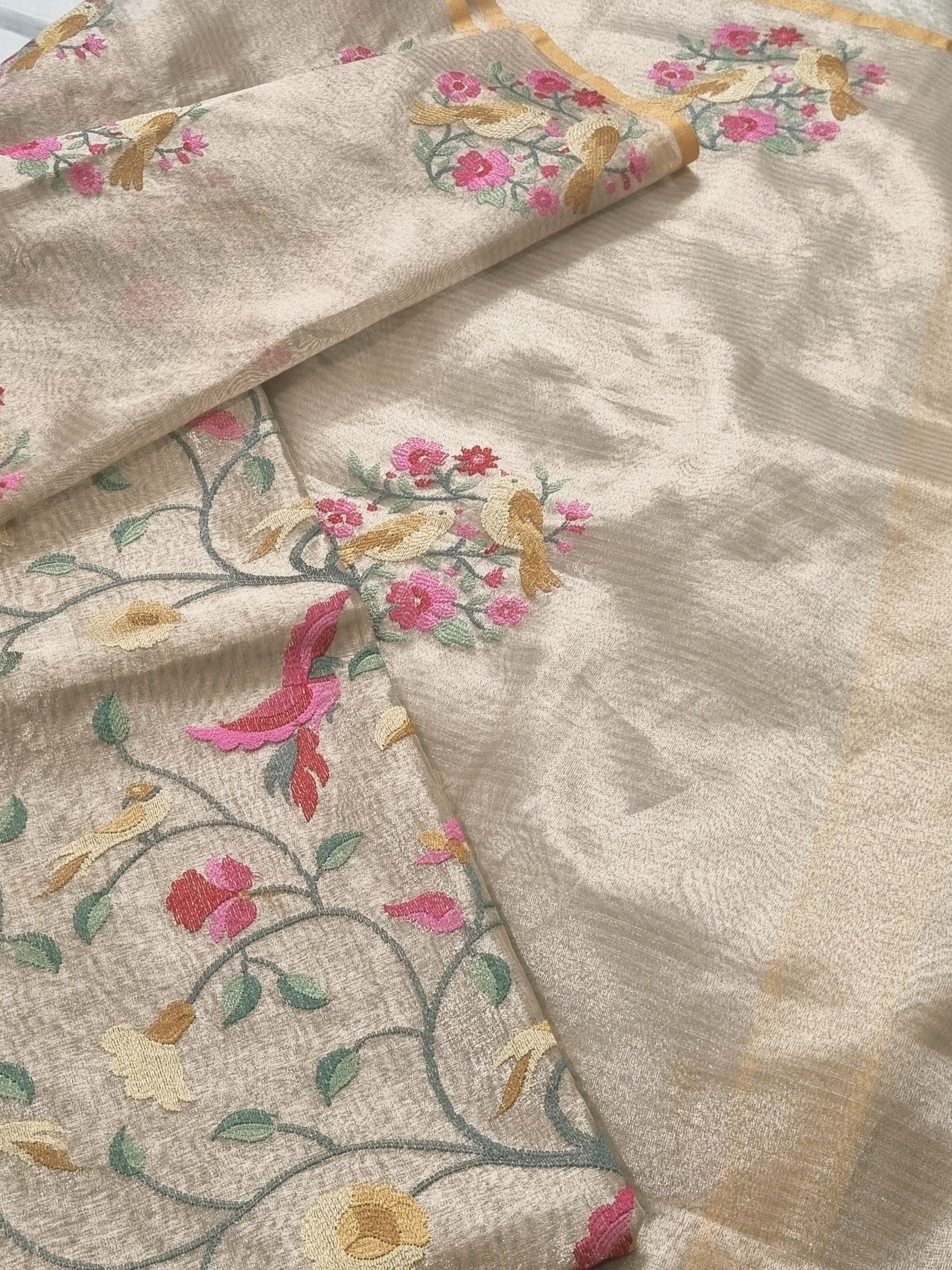 Gold brocade 3-piece unstitched suit with machine embroidery – Indian handloom
