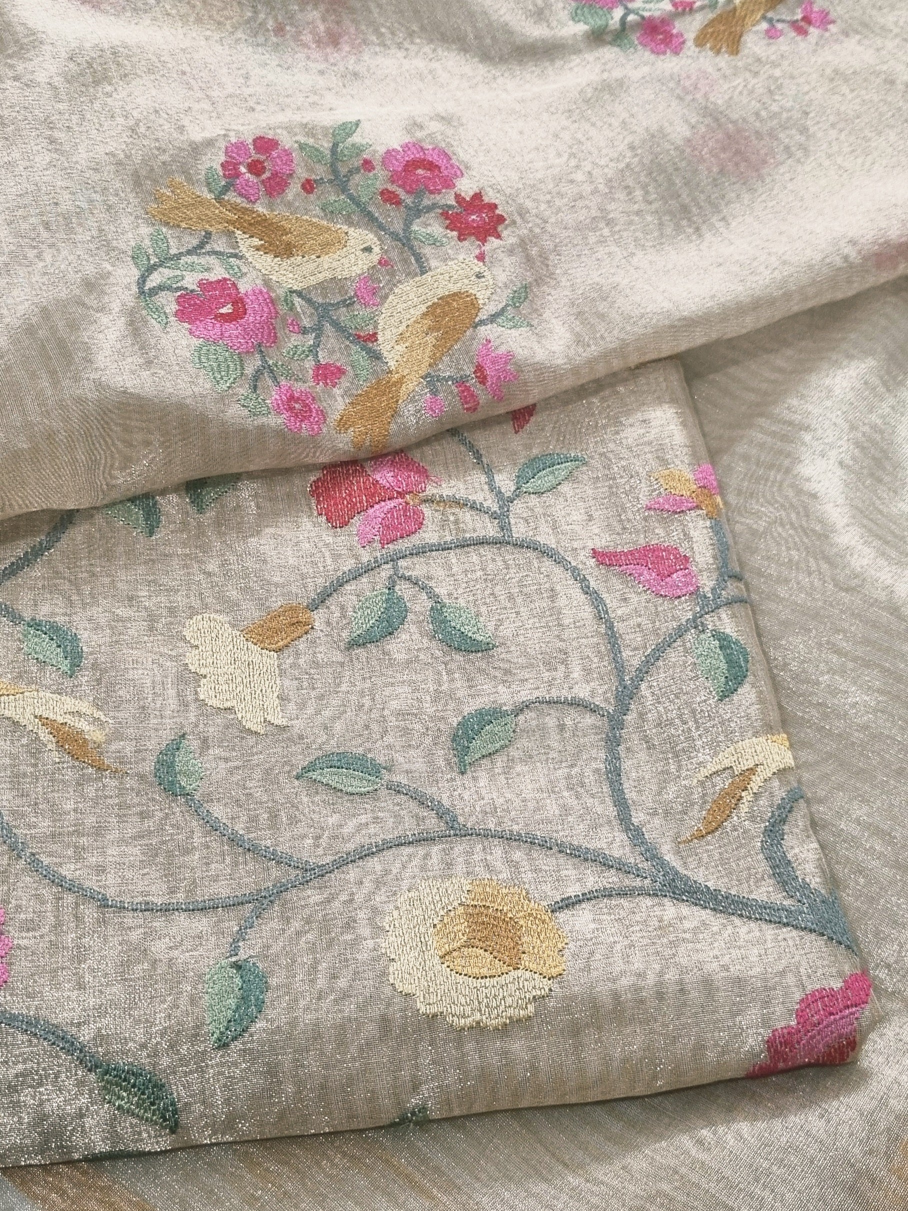Close-up – handloom gold brocade fabric texture with intricate embroidery