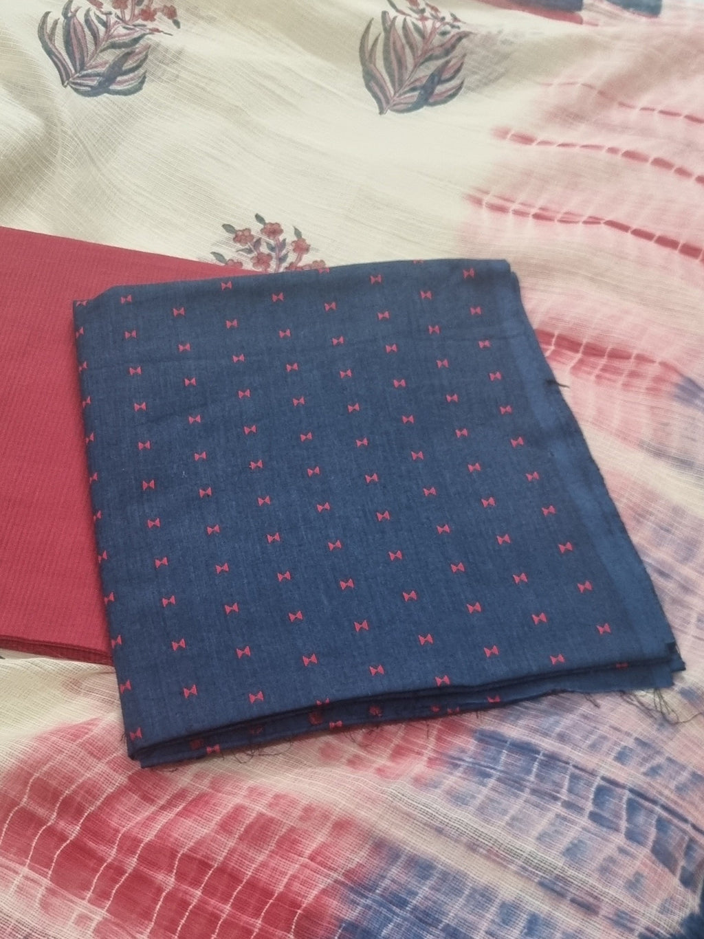 Handloom Cotton 3-Piece Unstitched Suit | Kota Doria Dupatta | Navy Blue & Red | Indian Handloom | SKU 1072