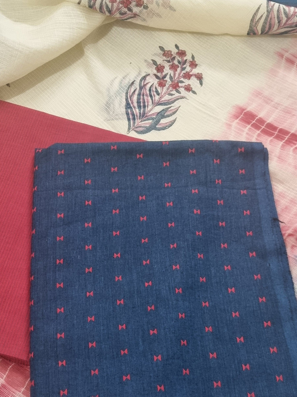 Handloom Cotton 3-Piece Unstitched Suit | Kota Doria Dupatta | Navy Blue & Red | Indian Handloom | SKU 1072