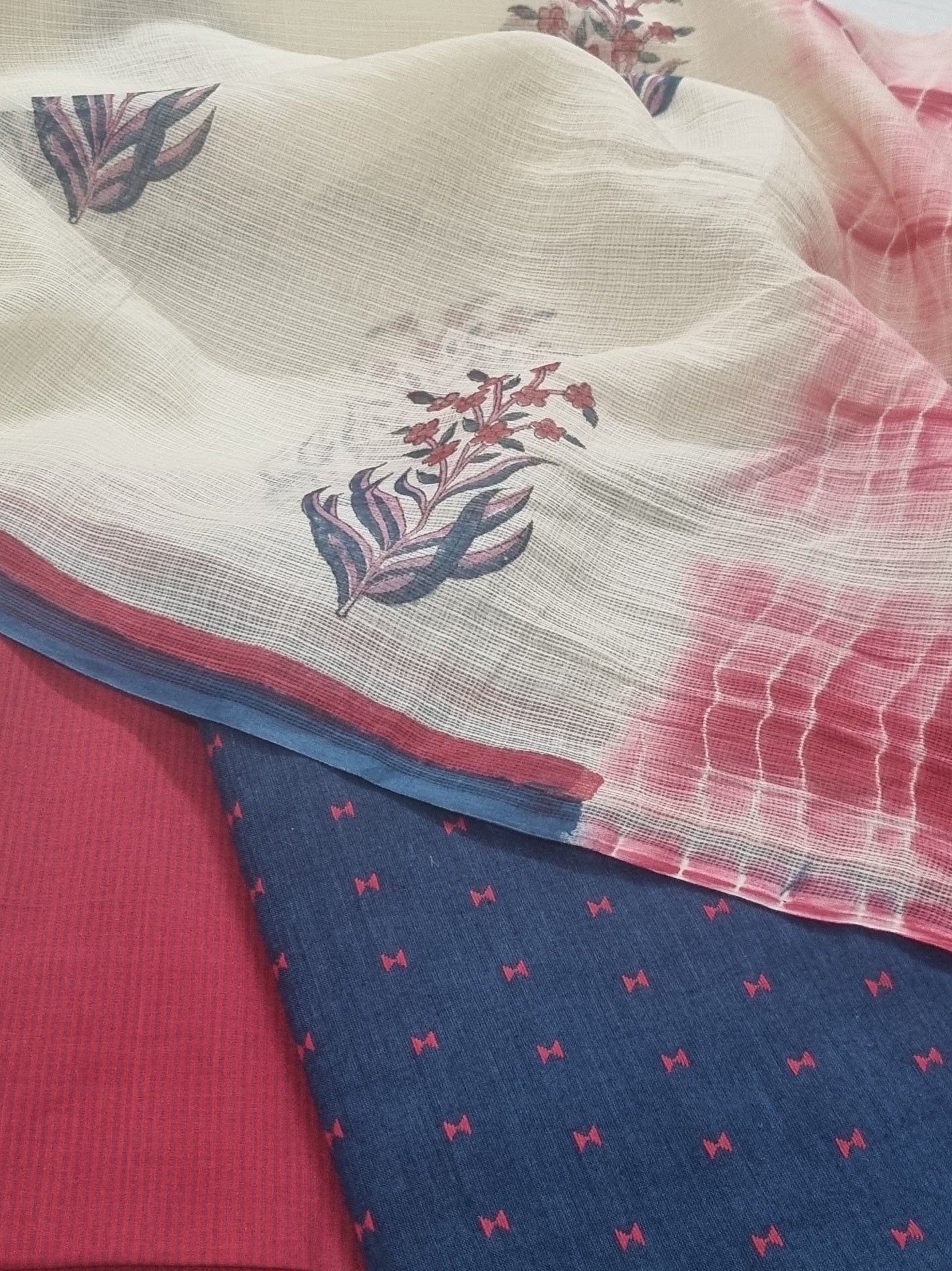Handloom Cotton 3-Piece Unstitched Suit | Kota Doria Dupatta | Navy Blue & Red | Indian Handloom | SKU 1072