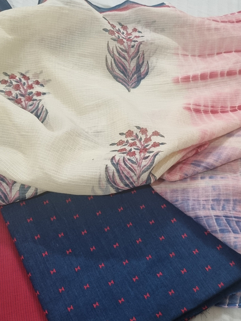Handloom Cotton 3-Piece Unstitched Suit | Kota Doria Dupatta | Navy Blue & Red | Indian Handloom | SKU 1072