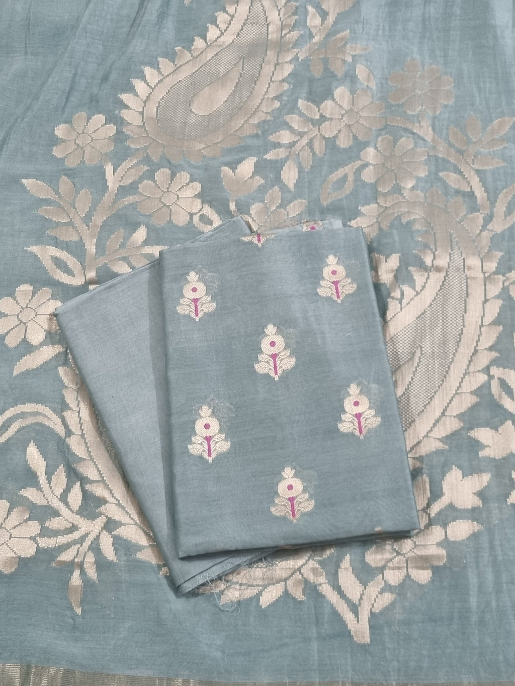 Sea green Banarasi silk unstitched suit set with traditional Karwa Booti motif — Indian handloom