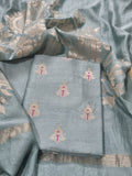 Handwoven sea green Banarasi Karwa Booti 3-piece unstitched suit — dupatta and fabric detail