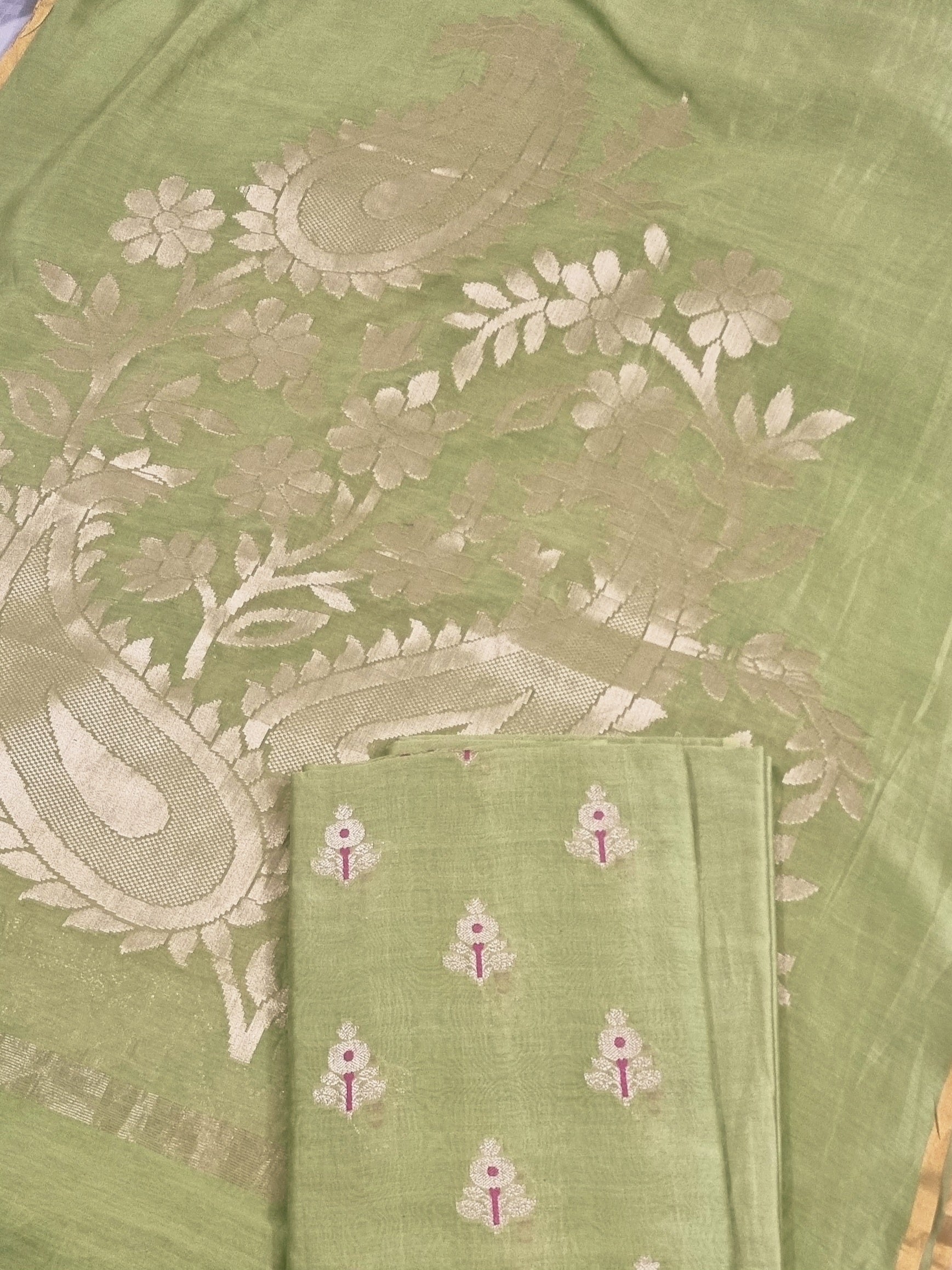 Elaichi green Banarasi silk unstitched suit set with traditional Karwa Booti motif — Indian handloom