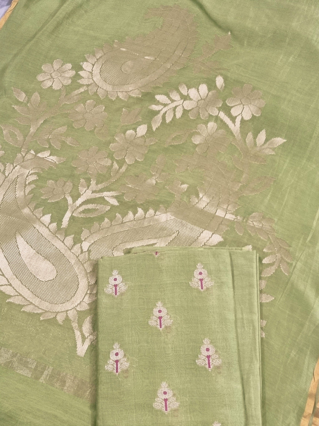 Elaichi green Banarasi silk unstitched suit set with traditional Karwa Booti motif — Indian handloom