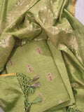 Close-up of Karwa Booti weave on elaichi green Banarasi unstitched suit — handwoven Indian textile
