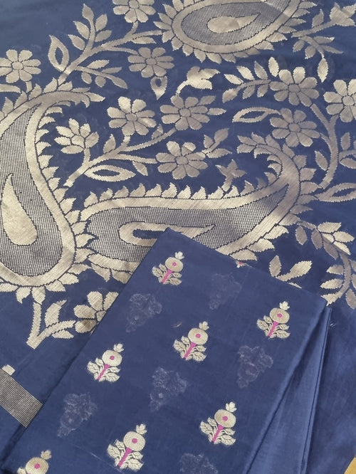 Hand-woven blue Banarasi suit fabric with traditional Karwa Booti pattern