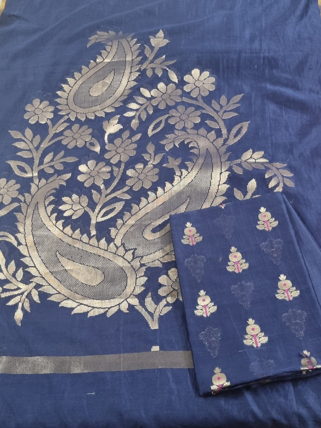 Blue Banarasi handloom kurta fabric with intricate Karwa Booti detailing