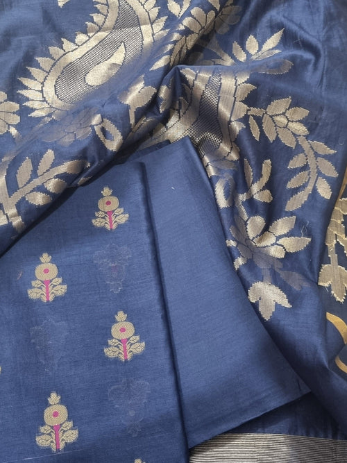 Blue Banarasi handloom fabric detail – Karwa Booti 3-piece suit material
