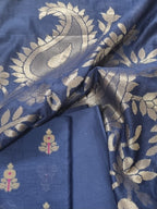 Close-up of Karwa Booti woven motif on blue Banarasi unstitched suit fabric