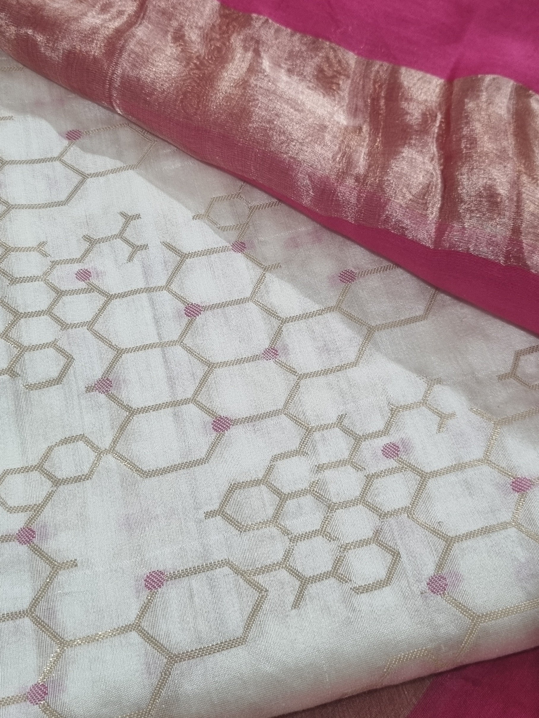 Pink and cream Banarasi 2-piece suit set with traditional weave — Indian handloom craftsmanship