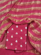 Handwoven pink Banarasi Karwa Booti 3-piece unstitched suit — dupatta and fabric detail