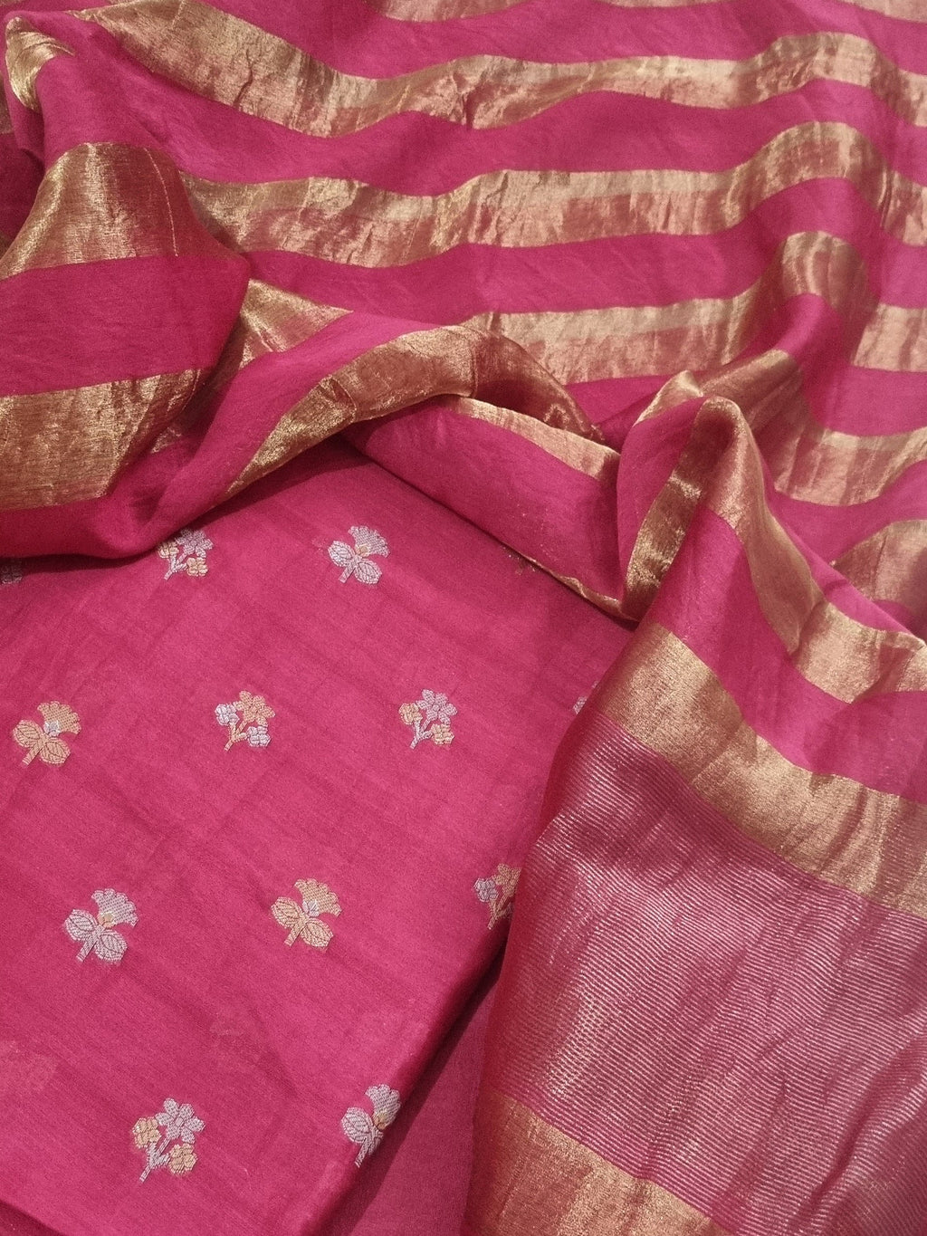Pink Banarasi silk unstitched suit set with traditional Karwa Booti motif — Indian handloom