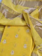 Close-up of Karwa Booti weave on yellow Banarasi unstitched suit — handwoven Indian textile