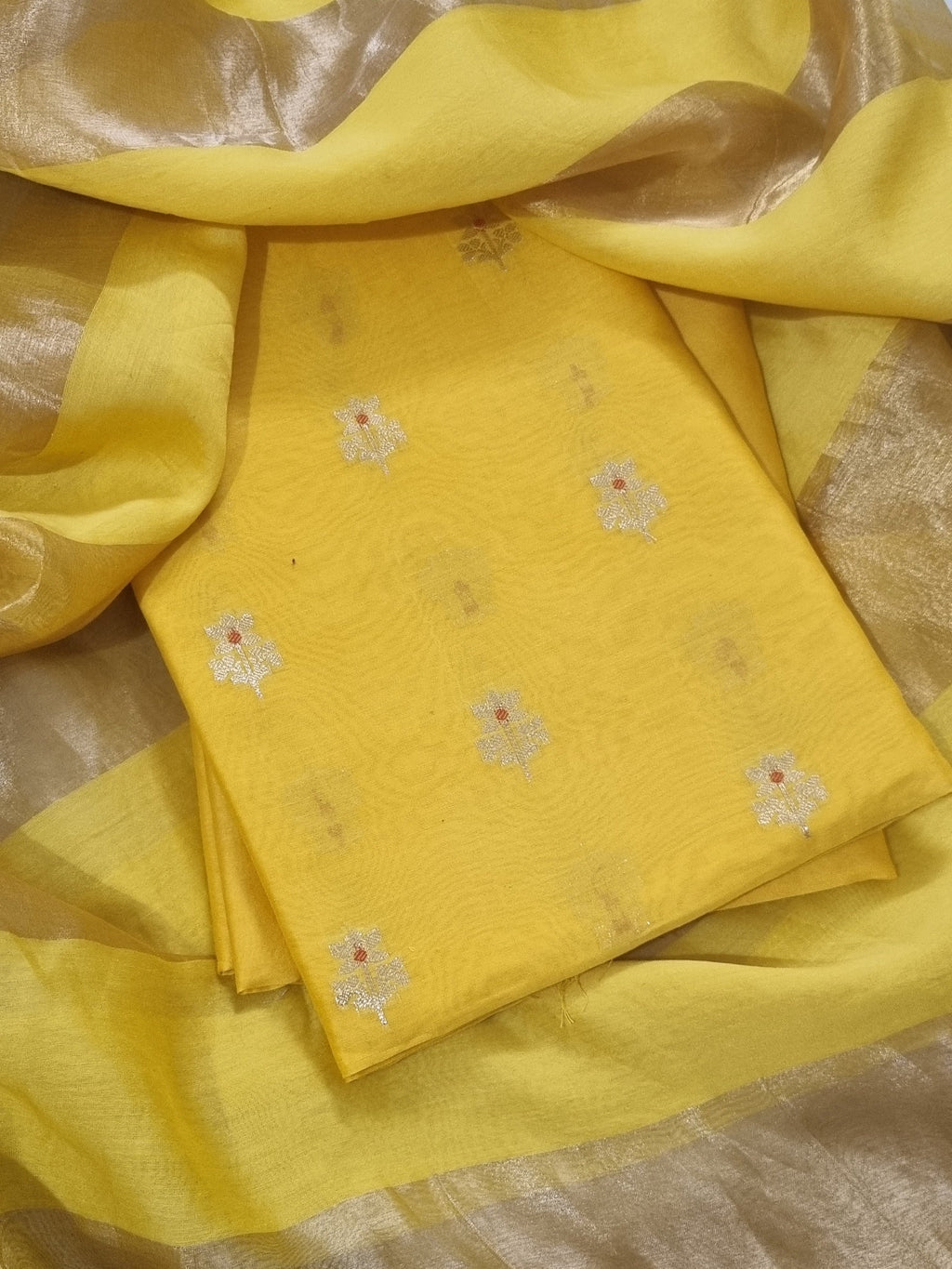 Yellow Banarasi silk unstitched suit set with traditional Karwa Booti motif — Indian handloom