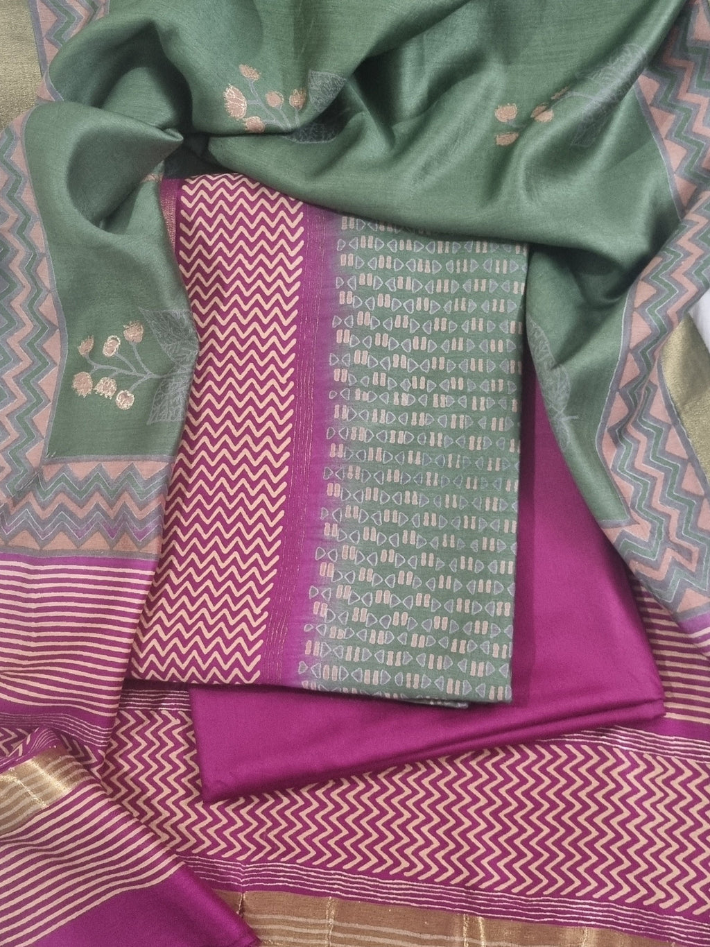 Maheshwari silk 3-piece unstitched suit – fabric texture close-up in forest green and purple