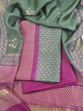 Maheshwari silk 3-piece unstitched suit – fabric texture close-up in forest green and purple