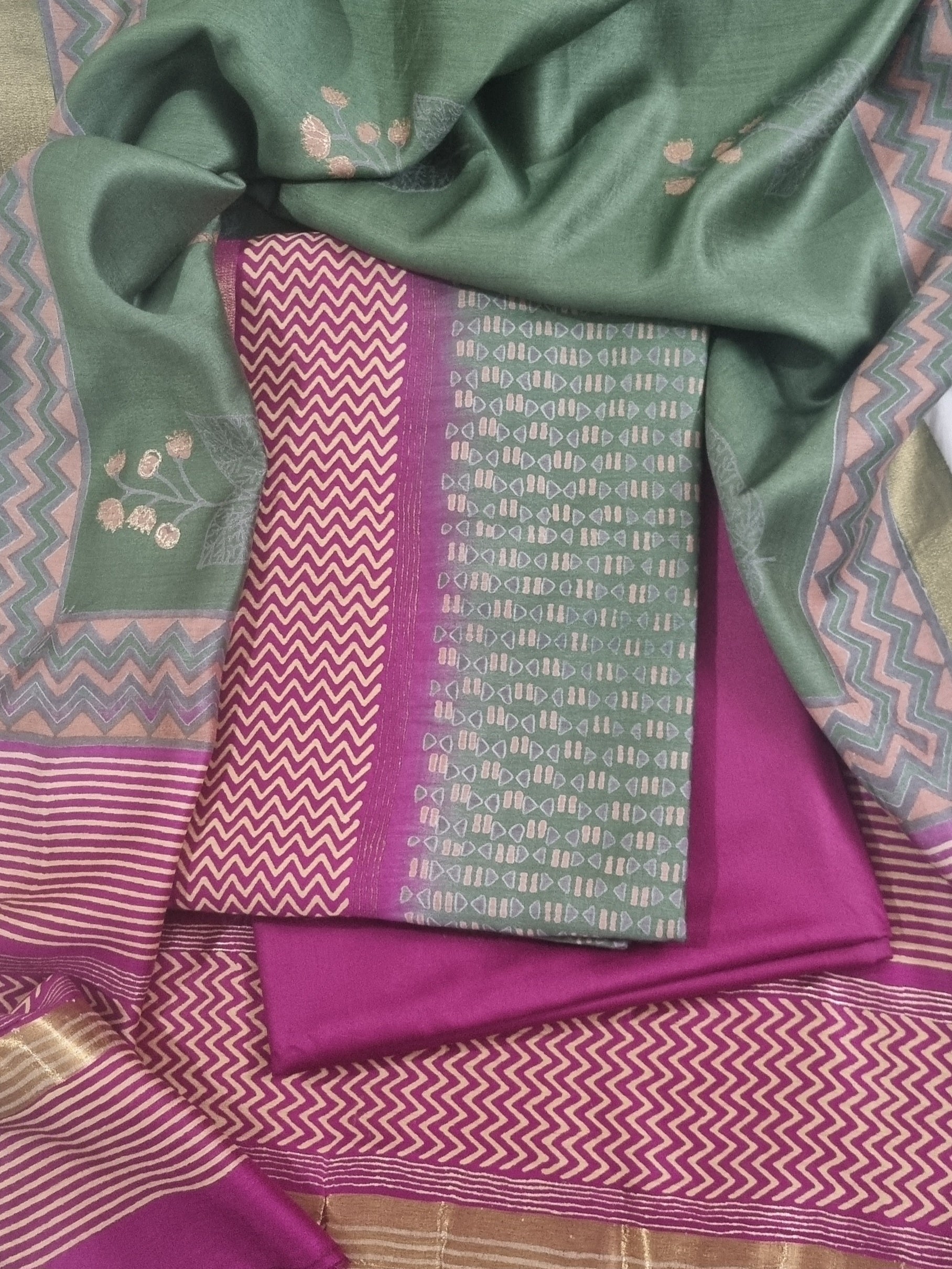 Maheshwari silk 3-piece unstitched suit – fabric texture close-up in forest green and purple