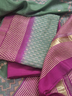Unstitched Maheshwari silk suit set – light forest green and purple ethnic wear 