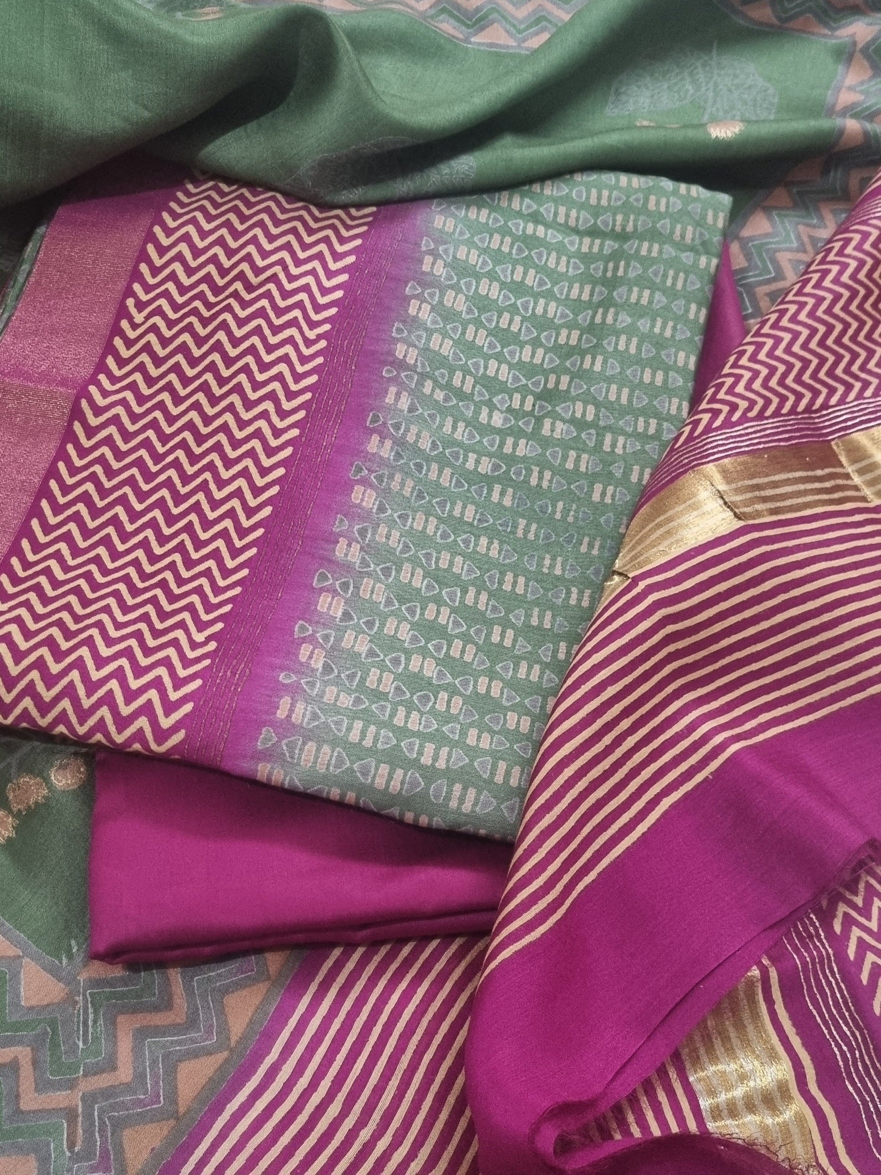 Unstitched Maheshwari silk suit set – light forest green and purple ethnic wear 