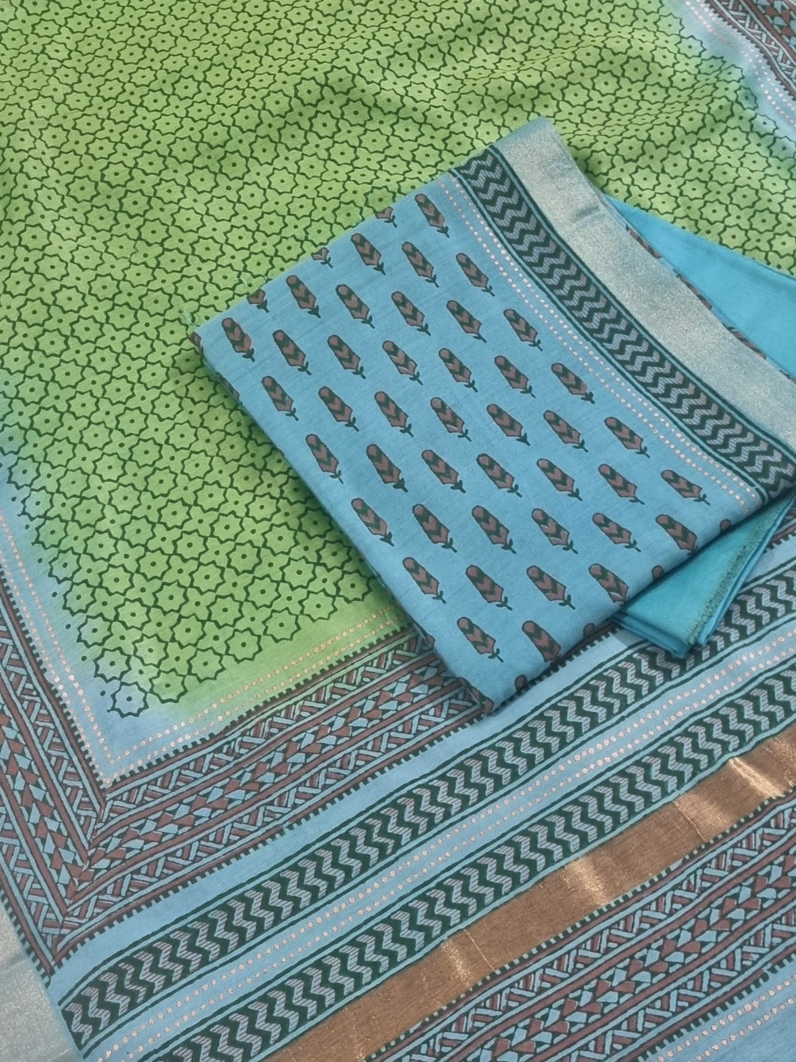 Handloom Maheshwari Silk Unstitched Salwar Kameez Set – Teal Blue Green Ethnic Wear