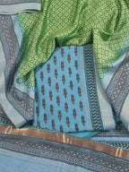 Maheshwari Silk Unstitched Suit Set – Teal Blue and Green Fabric Detail