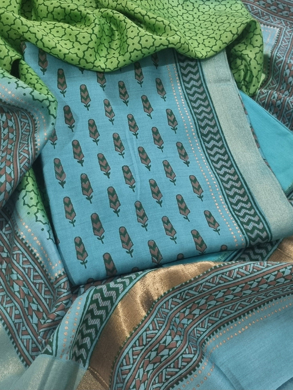 Maheshwari Silk 3-Piece Suit Set – Green Dupatta with Zari Border, Teal Blue