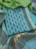 Maheshwari Silk 3-Piece Suit Set – Green Dupatta with Zari Border, Teal Blue