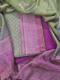 Maheshwari silk 3-piece suit set – fabric texture close-up in green and purple