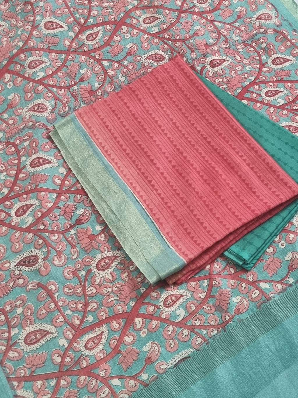 Emerald Green Block Printed Cotton Bottom Fabric – 3-Piece Unstitched Suit Set SKU 1144 | Tantuvanacrafts