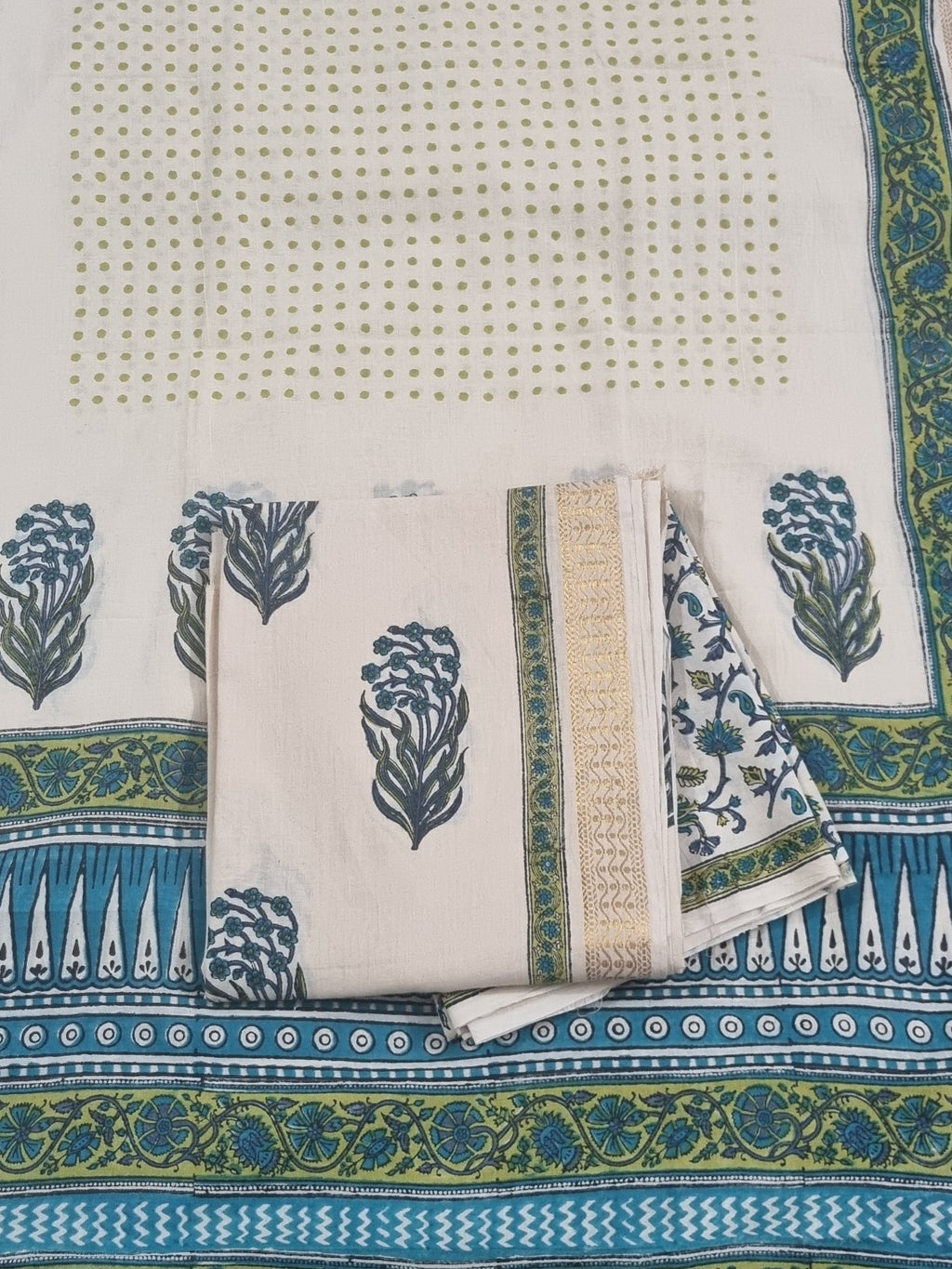 Cotton Block Print 3-Piece Unstitched Suit | Golden Border | Cream Blue & Green | Indian Handloom | SKU 1142