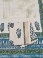 Cotton Block Print 3-Piece Unstitched Suit | Golden Border | Cream Blue & Green | Indian Handloom | SKU 1142