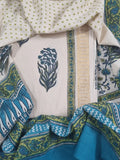 Cotton Block Print 3-Piece Unstitched Suit | Golden Border | Cream Blue & Green | Indian Handloom | SKU 1142