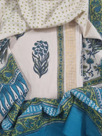 Cotton Block Print 3-Piece Unstitched Suit | Golden Border | Cream Blue & Green | Indian Handloom | SKU 1142