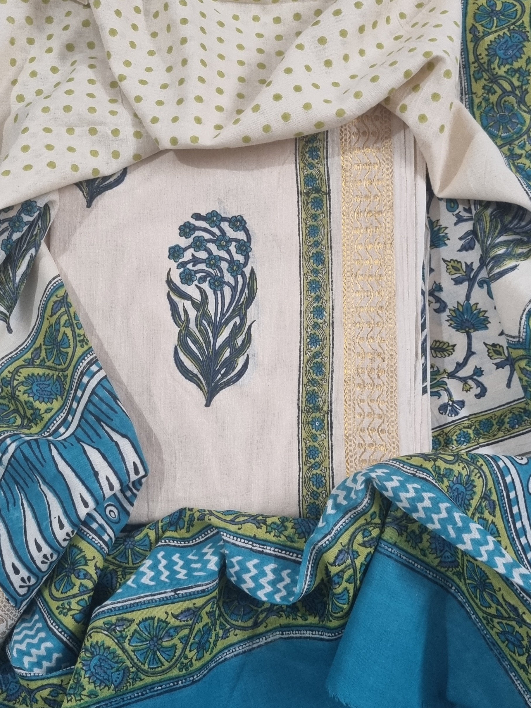 Cotton Block Print 3-Piece Unstitched Suit | Golden Border | Cream Blue & Green | Indian Handloom | SKU 1142