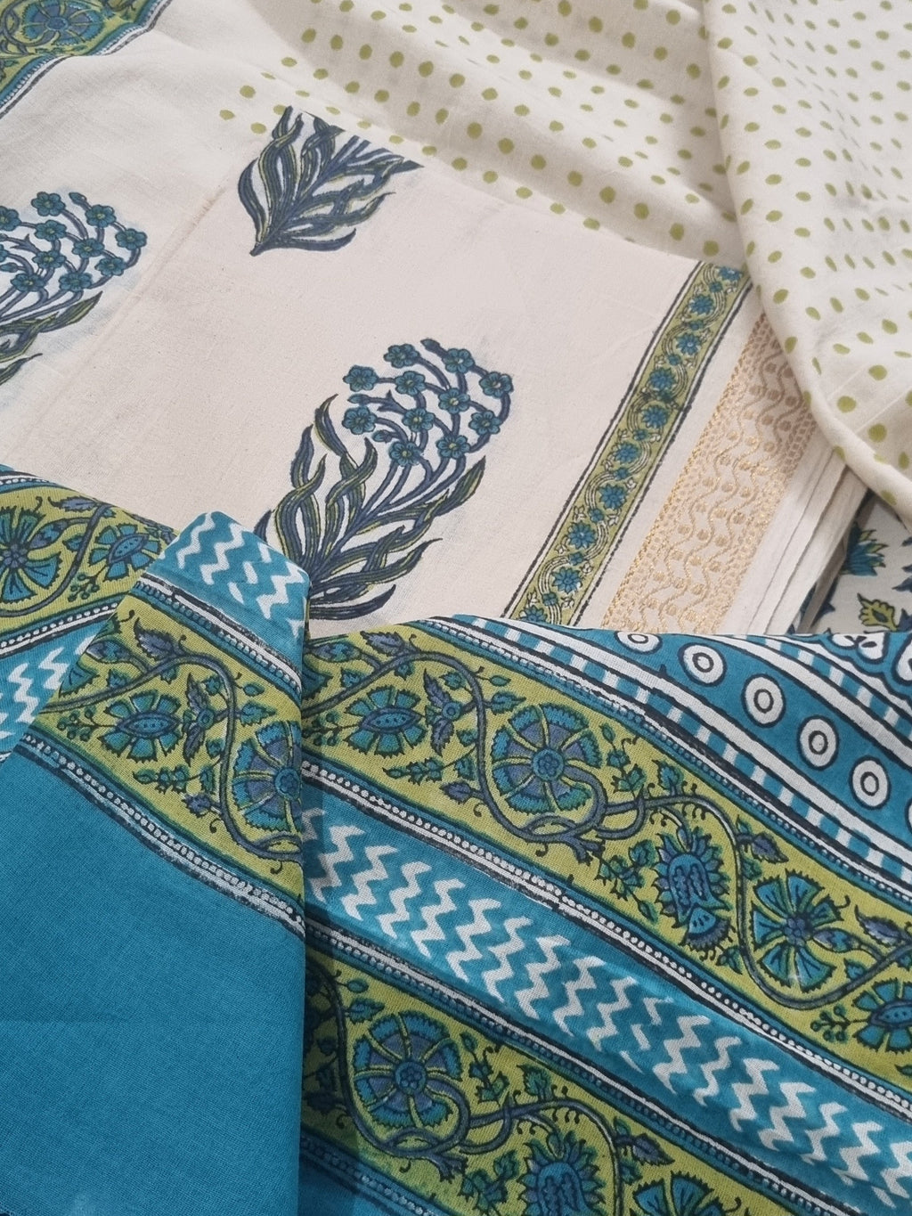 Cotton Block Print 3-Piece Unstitched Suit | Golden Border | Cream Blue & Green | Indian Handloom | SKU 1142