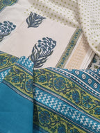 Cotton Block Print 3-Piece Unstitched Suit | Golden Border | Cream Blue & Green | Indian Handloom | SKU 1142