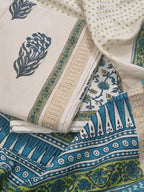 Cotton Block Print 3-Piece Unstitched Suit | Golden Border | Cream Blue & Green | Indian Handloom | SKU 1142