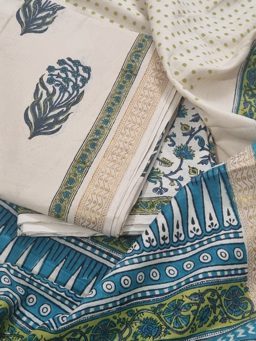Cotton Block Print 3-Piece Unstitched Suit | Golden Border | Cream Blue & Green | Indian Handloom | SKU 1142