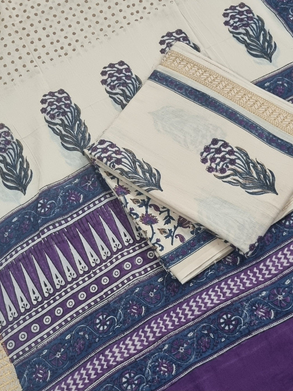 Premium Cotton Block Print Top Detail – Cream Purple Blue – SKU 1141