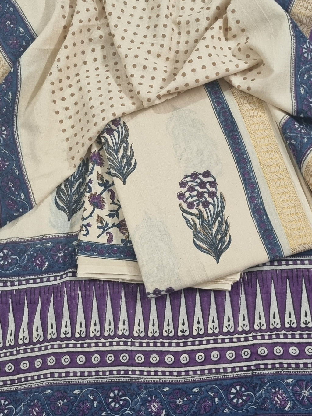 Cotton Unstitched Suit Set – Kurta Bottom Dupatta – Cream Purple Blue – SKU 1141