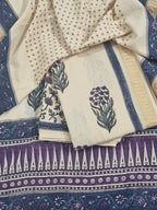 Cotton Unstitched Suit Set – Kurta Bottom Dupatta – Cream Purple Blue – SKU 1141