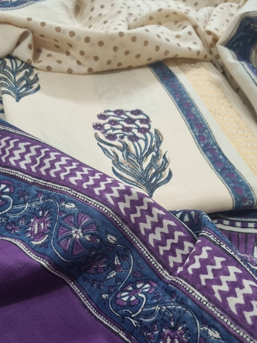 Handloom Cotton Kurta Fabric with Golden Border Block Print – SKU 1141