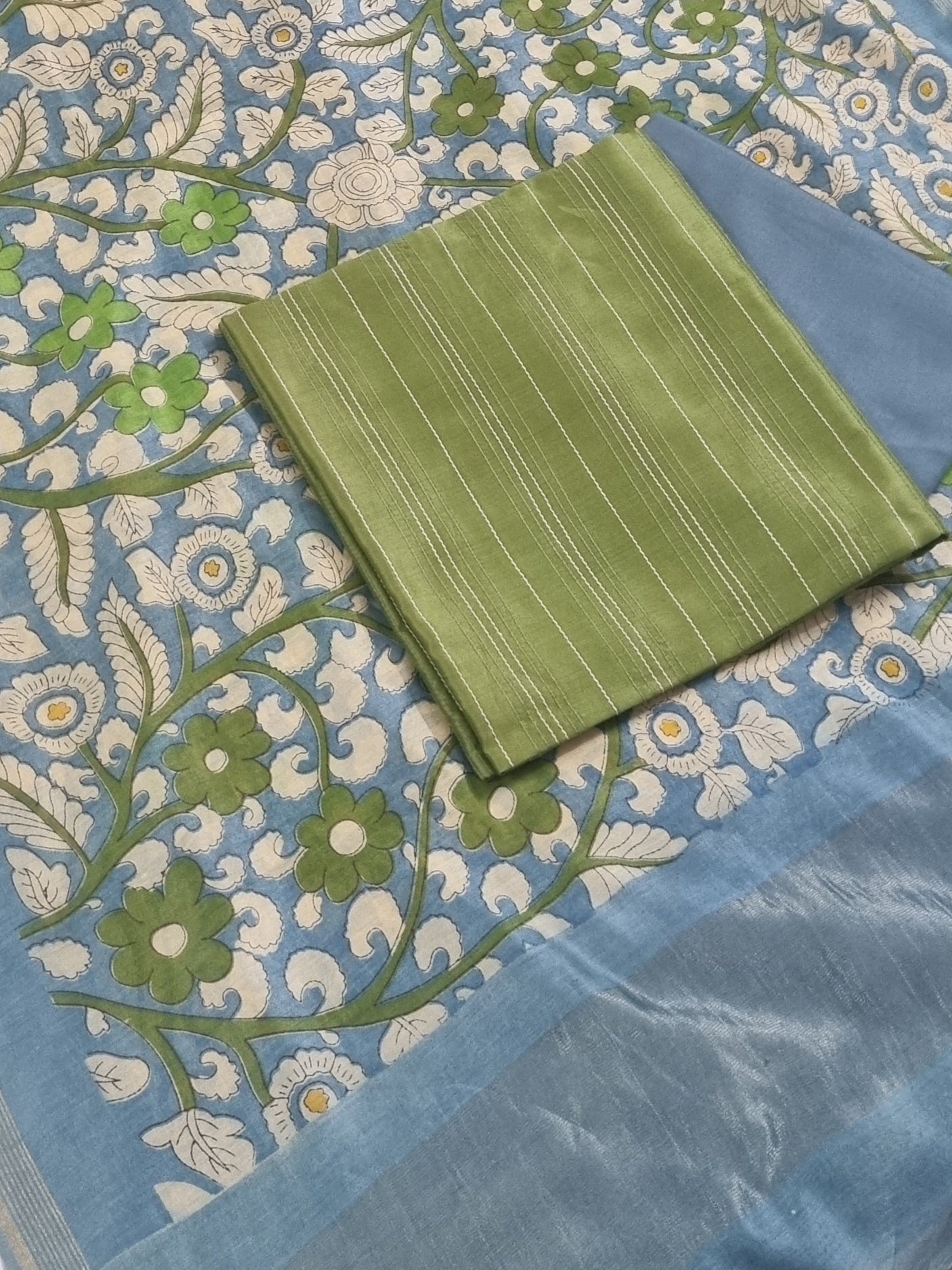 Kalamkari printed Chanderi silk 3-piece suit set in green and blue – editorial shot