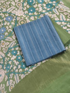 Kalamkari printed Chanderi silk 3-piece suit set in blue and green – editorial shot