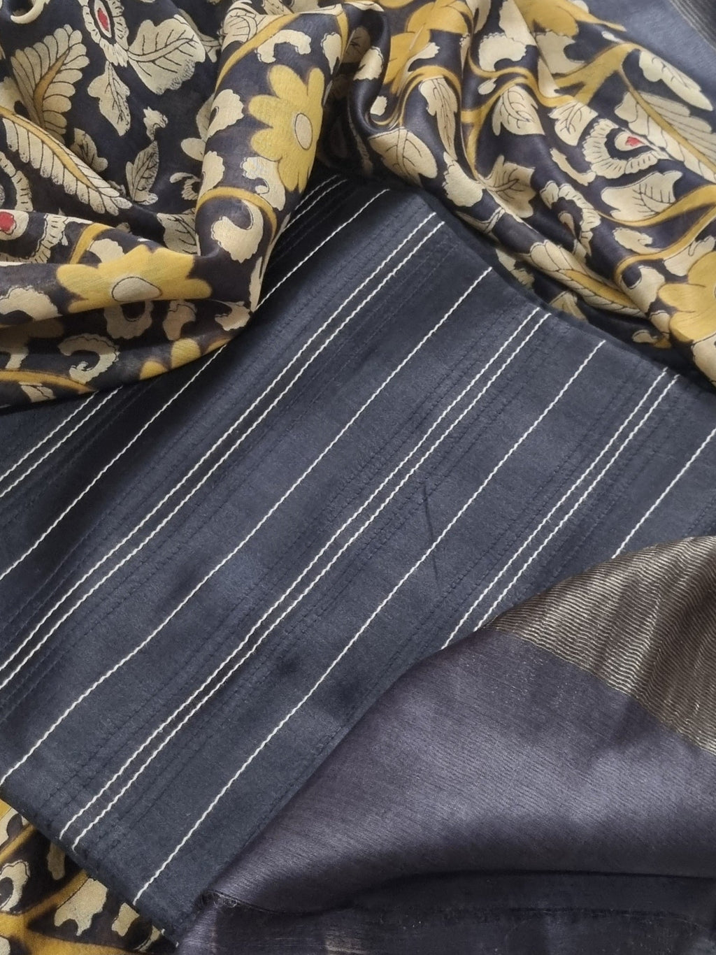 Black Kalamkari Chanderi 3-piece unstitched suit – full length view