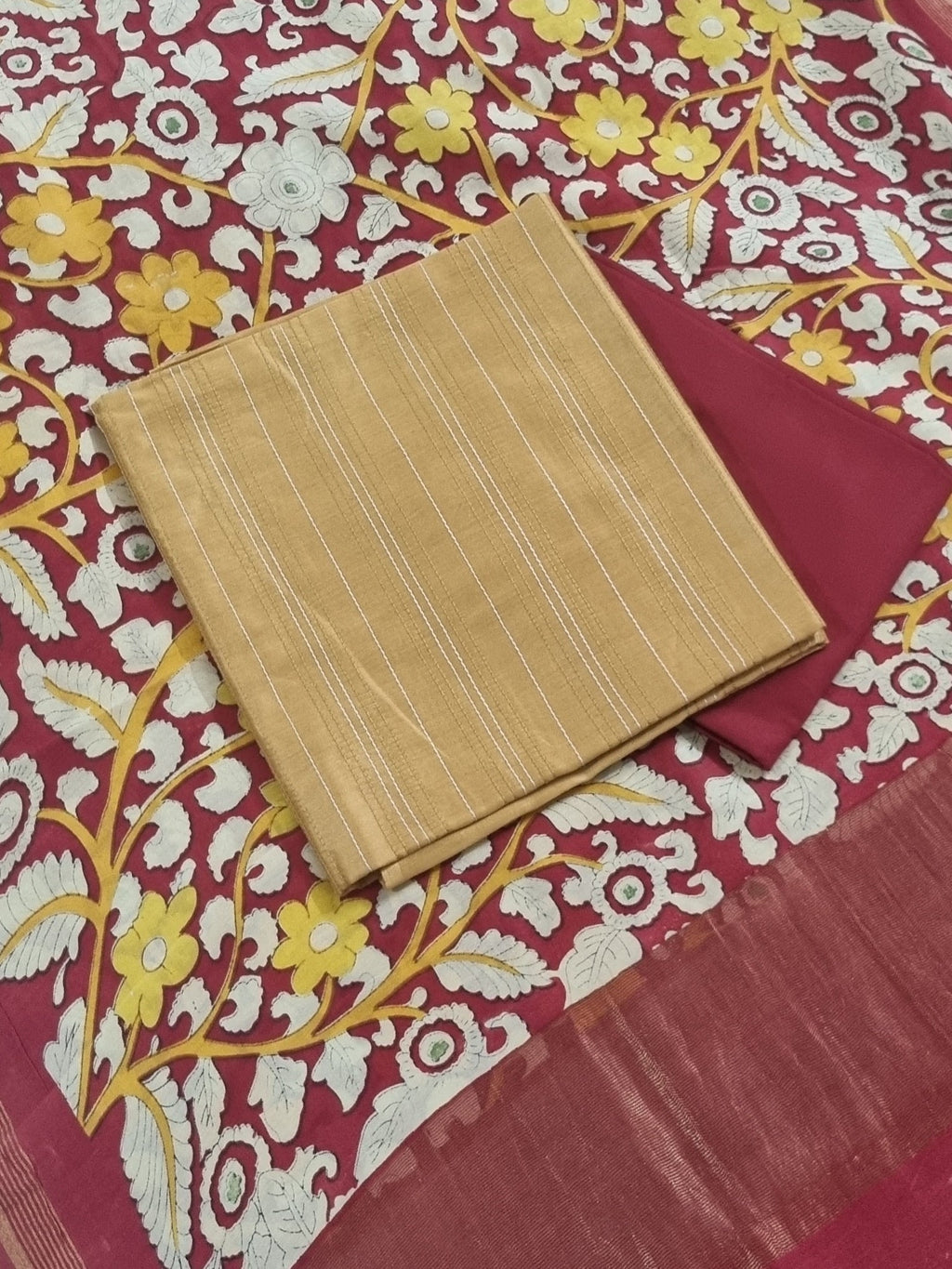 Mustard and Red 3-piece unstitched suit set with Kalamkari Chanderi Silk dupatta – Tantuvanacrafts