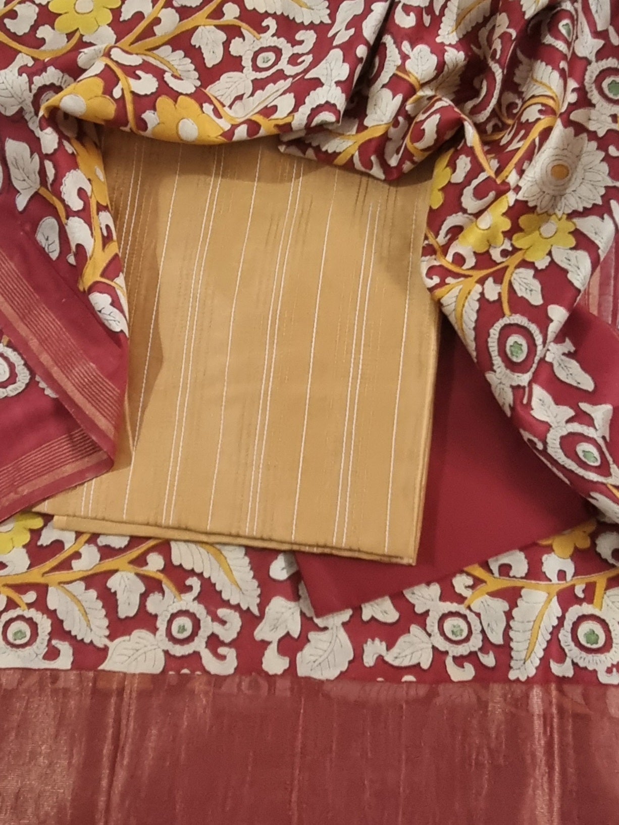 Red Cotton Silk bottom fabric with Mustard Chanderi kurta – ethnic wear by Tantuvanacrafts